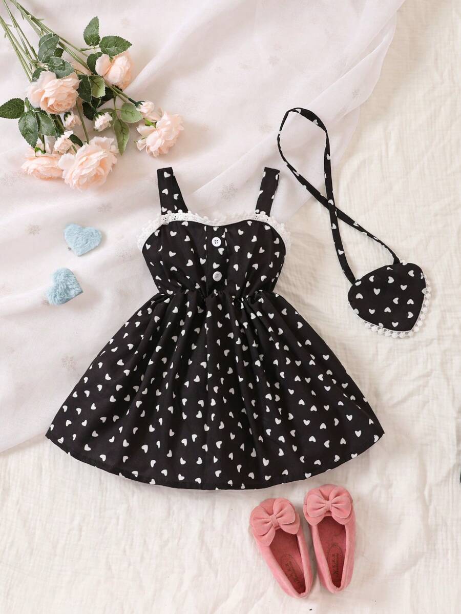 Baby Girl Heart Print Contrast Lace Trim Cami Dress With Bag - White - View 1