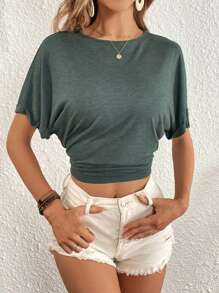 SHEIN Clasi Áo thun nữ Thắt nút màu trơn Giải trí - màu xanh lá - Xem 7