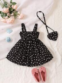 Baby Girl Heart Print Contrast Lace Trim Cami Dress With Bag - White - View 2