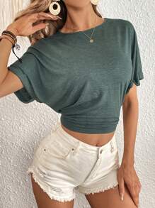 SHEIN Clasi Áo thun nữ Thắt nút màu trơn Giải trí - màu xanh lá - Xem 6