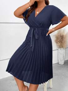 SHEIN Unity 大碼交疊領百褶下擺繫腰帶連衣裙 - 藏蓝色 - 查看 3