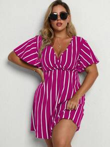 Calvaya 大碼條紋圖案交疊領A字連衣裙 - 玫紅色 - 查看 4