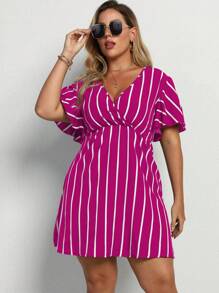 Calvaya 大碼條紋圖案交疊領A字連衣裙 - 玫紅色 - 查看 5