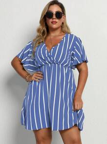 Calvaya Đầm Plus Size Trọn gói Sọc Giải trí - Màu xanh nhạt - Xem 3