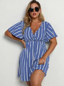 Calvaya Đầm Plus Size Trọn gói Sọc Giải trí - Màu xanh nhạt - Xem 4