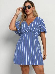 Calvaya Đầm Plus Size Trọn gói Sọc Giải trí - Màu xanh nhạt - Xem 6