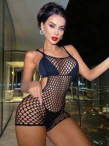 Classic Sexy Hollow Out Fishnet Romper Bodysuit Without Liner - Black - View 3