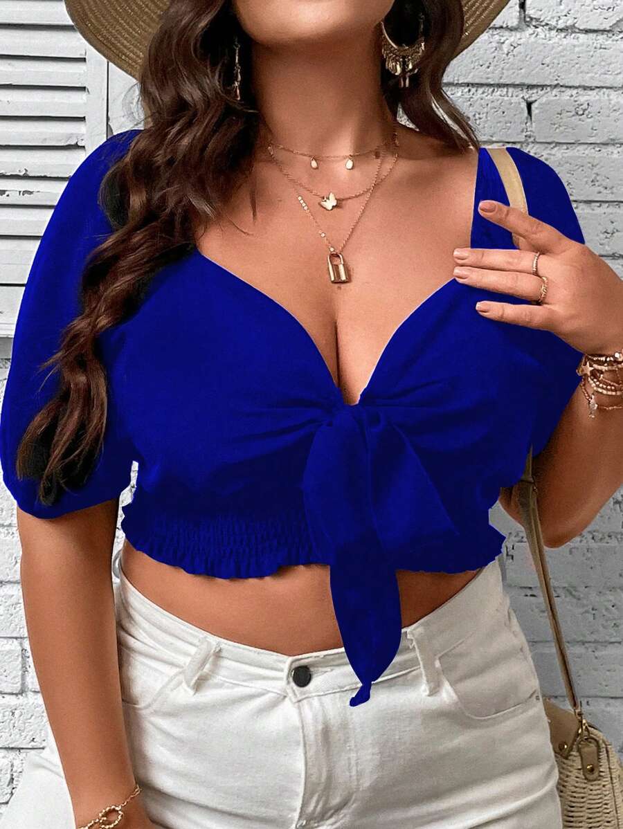 SHEIN Holidaya 大碼前打結短款襯衫 - 寶藍色 - 查看 1