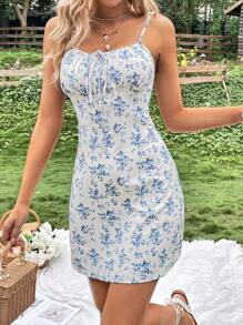 Soleia Floral Print Knot Front Cami Dress - White - View 4