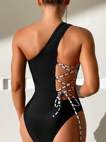 Lace Up Side One Shoulder One Piece Swimsuit - Black - View 1