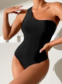 Lace Up Side One Shoulder One Piece Swimsuit - Black - View 2