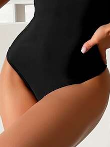 Lace Up Side One Shoulder One Piece Swimsuit - Black - View 4