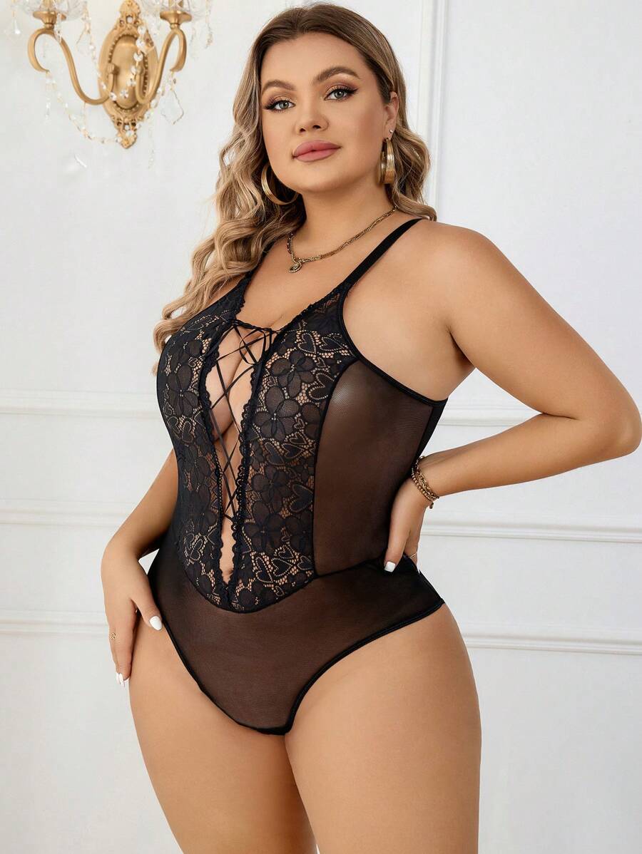 Plus Contrast Lace Mesh Lace Up Front Teddy Bodysuit - Black - View 1
