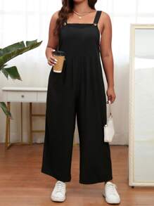 SHEIN LUNE Jumpsuits Plus Size Túi màu trơn Giải trí - màu đen - Xem 3
