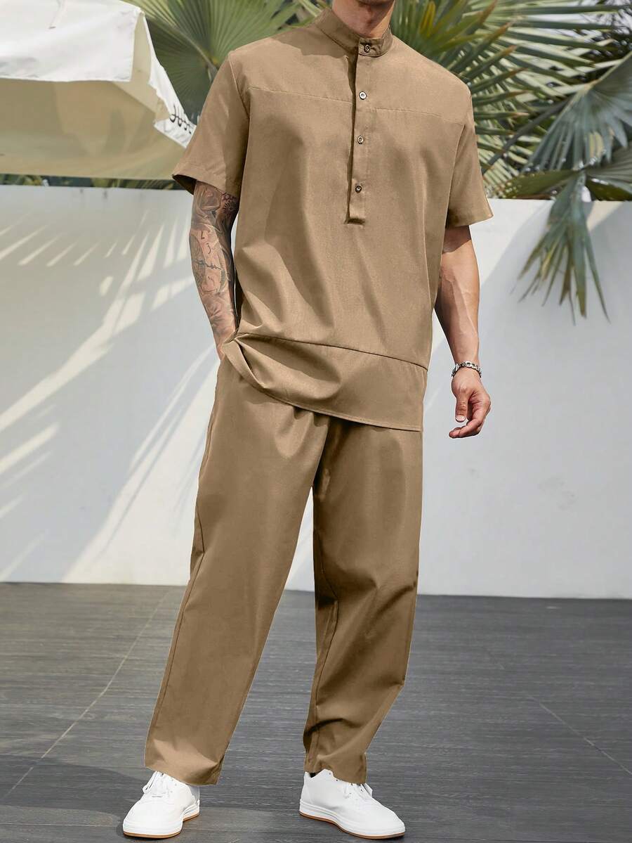 Manfinity RSRT 男士半排扣襯衫和褲子 - 卡其色 - 查看 1