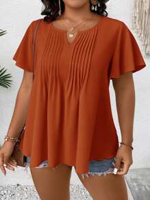 SHEIN Clasi 大碼缺口領蝴蝶袖褶皺細節襯衫 - 亮橙色 - 查看 1