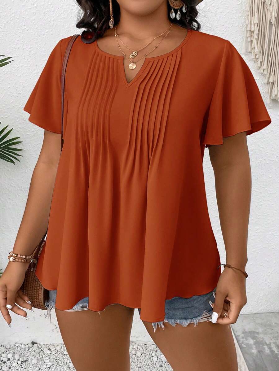 SHEIN Clasi 大碼缺口領蝴蝶袖褶皺細節襯衫 - 亮橙色 - 查看 1