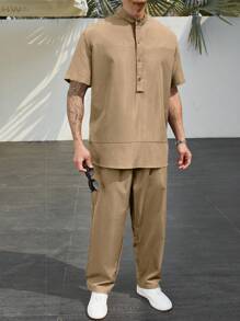 Manfinity RSRT 男士半排扣襯衫和褲子 - 卡其色 - 查看 4