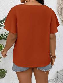 SHEIN Clasi 大碼缺口領蝴蝶袖褶皺細節襯衫 - 亮橙色 - 查看 2