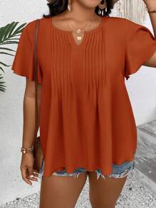 SHEIN Clasi 大碼缺口領蝴蝶袖褶皺細節襯衫 - 亮橙色 - 查看 5