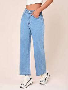 SHEIN EZwear High Waist Straight Leg Jeans - Light Wash - View 5