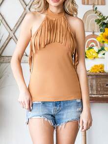 CILKOO Fringe Trim Halter Top - Brown - View 1