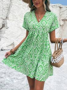 Breezaya Allover Print Batwing Sleeve Smock Dress - Green - View 2