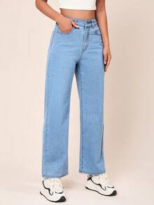 SHEIN EZwear High Waist Straight Leg Jeans - Light Wash - View 6