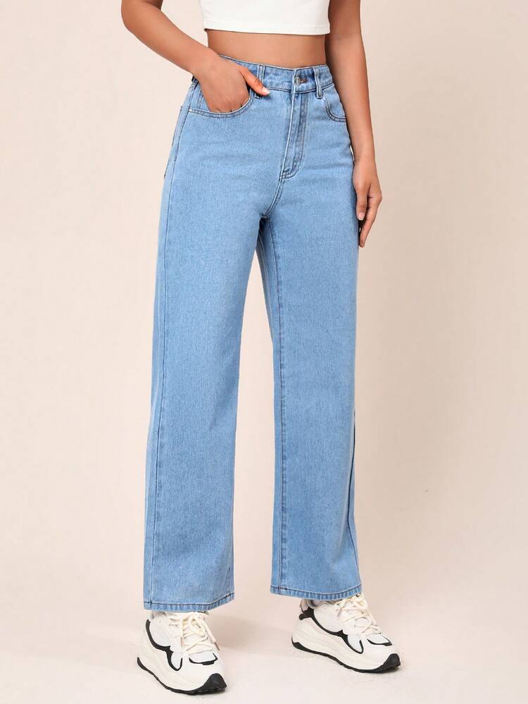 SHEIN EZwear High Waist Straight Leg Jeans - Light Wash - View 6