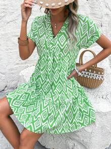 Breezaya Allover Print Batwing Sleeve Smock Dress - Green - View 5