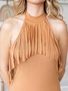 CILKOO Fringe Trim Halter Top - Brown - View 7