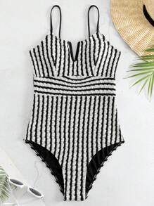 SHEIN Swim Bañador una pieza con estampado de rayas corte V - Blanco y Negro - Ver 5