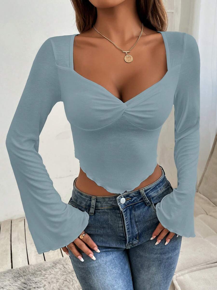 SHEIN PETITE Áo thun nữ Bất đối xứng Xù nhỏ xoắn lại màu trơn Giải trí - Màu xanh bụi bặm - Xem 1