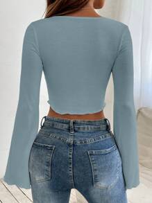 SHEIN PETITE Áo thun nữ Bất đối xứng Xù nhỏ xoắn lại màu trơn Giải trí - Màu xanh bụi bặm - Xem 2