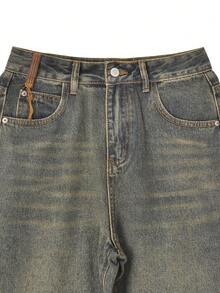 Quần jeans nữ dáng rộng, cạp cao, ống đứng, thích hợp cho mùa xuân. - Rửa tối - Xem 2