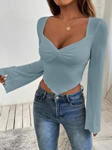 SHEIN PETITE Áo thun nữ Bất đối xứng Xù nhỏ xoắn lại màu trơn Giải trí - Màu xanh bụi bặm - Xem 3