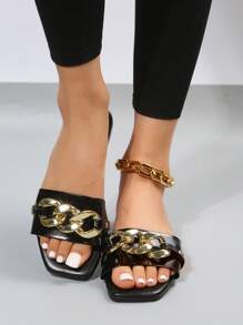 Women Chain Decor Flat Sandals, Fashion Black Slide Sandals - Black - View 2