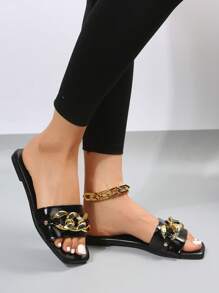 Women Chain Decor Flat Sandals, Fashion Black Slide Sandals - Black - View 6