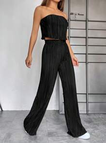 SHEIN EZwear Women's Solid Color Bandeau Top And Pants Casual Fashion Set - Black - View 3