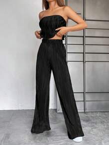 SHEIN EZwear Women's Solid Color Bandeau Top And Pants Casual Fashion Set - Black - View 4