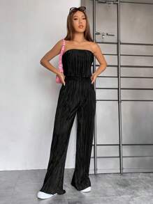 SHEIN EZwear Women's Solid Color Bandeau Top And Pants Casual Fashion Set - Black - View 6