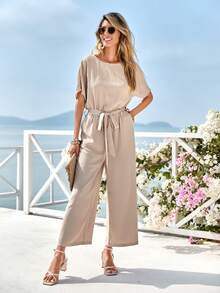 SHEIN LUNE Solid Belted Wide Leg Jumpsuit - Beige - View 3