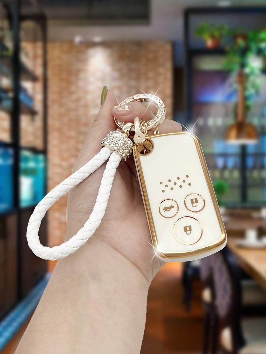 1 Bộ Kim Cương Giả Trang Trí TPU Chìa Khóa Ô Tô & Móc Khóa Tương Thích Với Xe Honda, Vỏ Chìa Khóa Fob - trắng - Xem 1