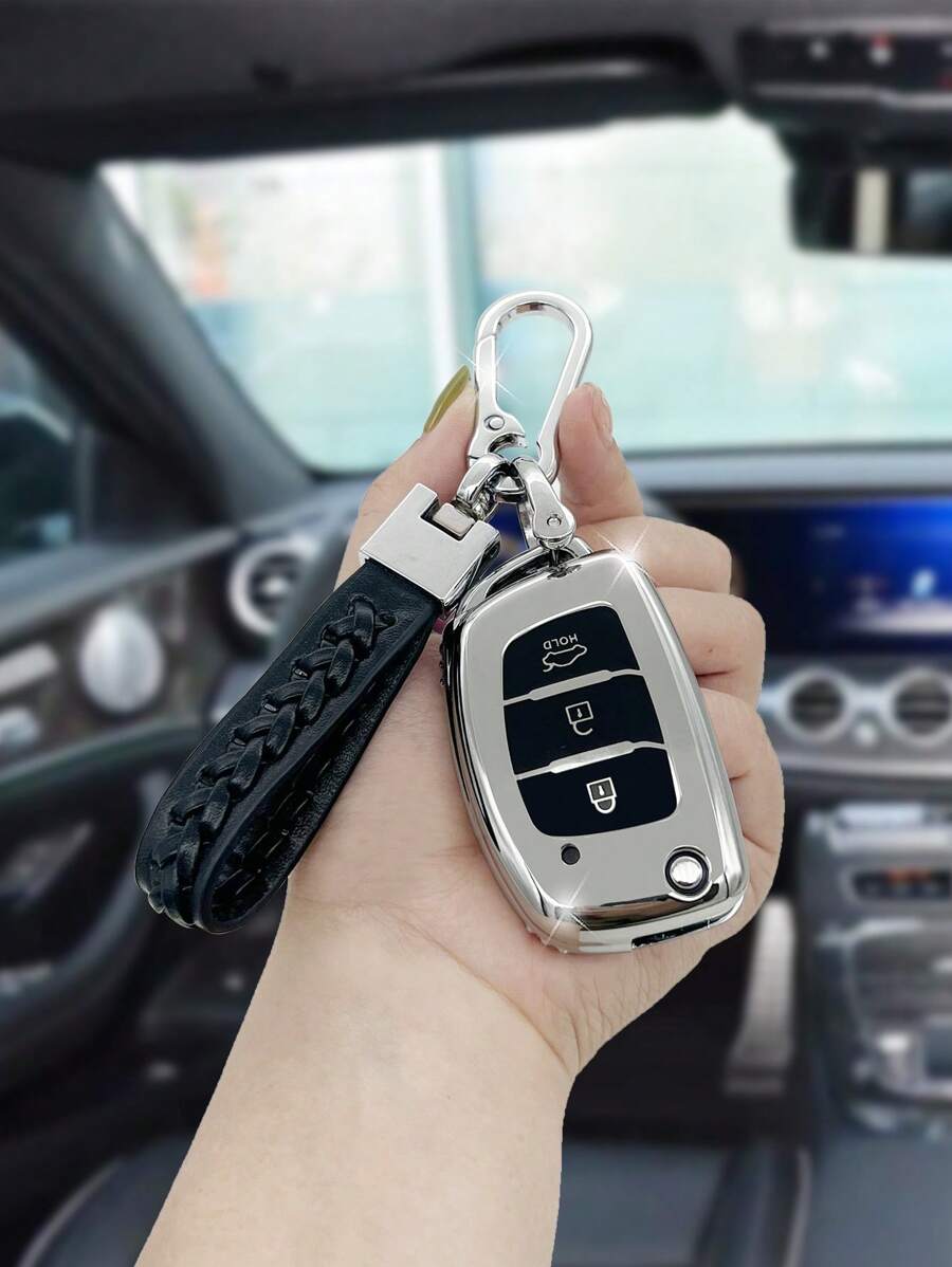 1套TPR聚氨酯車鑰匙殼和鑰匙圈兼容現代,鑰匙表袋用鏈條或絲帶連接到馬甲懷錶套 - 銀色 - 查看 1