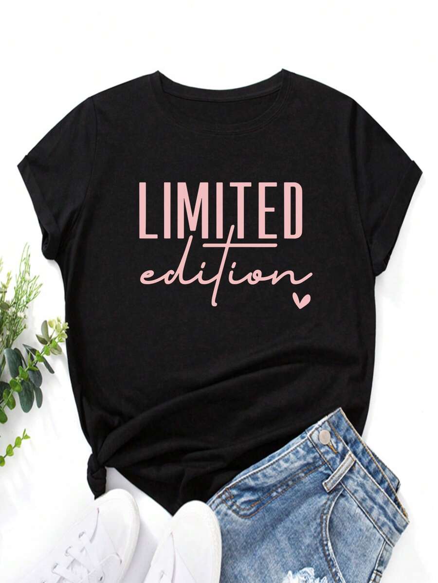 INAWLY 标语图案 T 恤 限量版图案 T 恤 女士上衣 - 黑色 - 查看 1