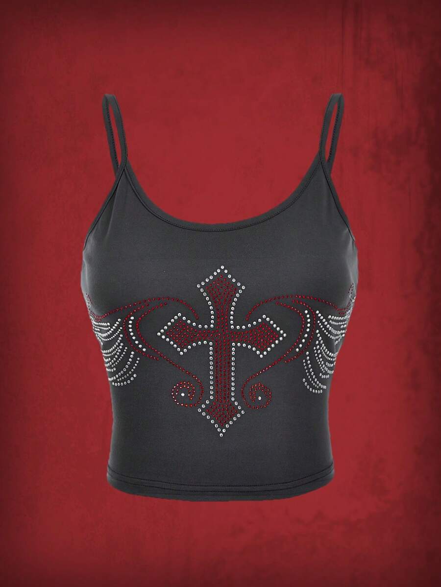 ROMWE Grunge Punk Áo khoác và áo lót dành cho xe tăng nữ Pha lê kim cương Đồ họa Giải trí - Màu xám đen - Xem 1