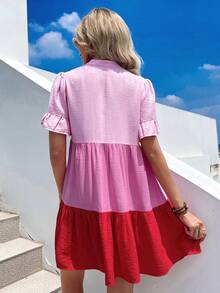 SHEIN WYWH Colourblock Tassel Tie Neck Flounce Sleeve Ruffle Hem Smock Dress - Pink - View 2