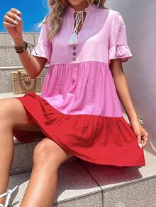 SHEIN WYWH Colourblock Tassel Tie Neck Flounce Sleeve Ruffle Hem Smock Dress - Pink - View 6