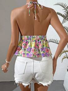 SHEIN VCAY 印花後背繫帶掛脖上衣 - 彩色 - 查看 2