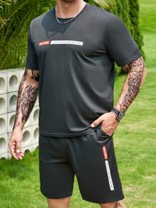 Manfinity Homme Bộ hai mảnh Nam Túi Dây kéo Slogan Giải trí - màu đen - Xem 5